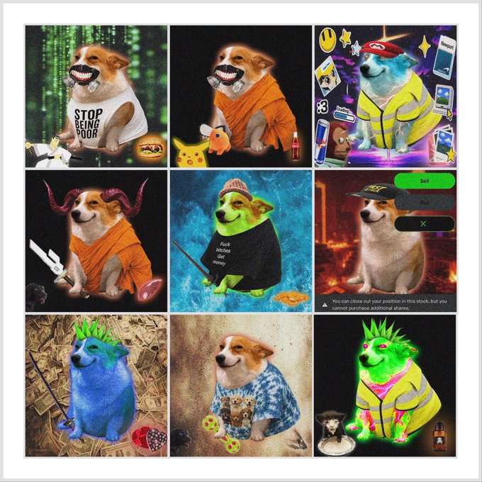 3x3 collage of nine humorous, edited images featuring a Shiba Inu dog in various meme scenarios, including wearing a 'STOP BEING POOR' shirt, in a monk outfit, dressed as Mario, as Shrek, and holding money and gaming accessories.