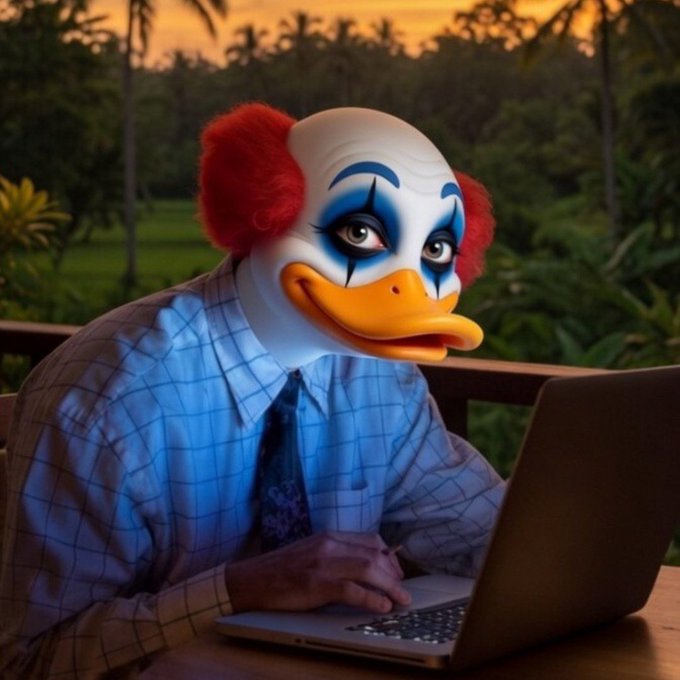 The image features a man wearing a clown mask sitting at a desk with an open laptop computer. The background of the photo shows palm trees and a sunset, creating a whimsical atmosphere. The caption provided seems unrelated to the main subject matter or the image itself.