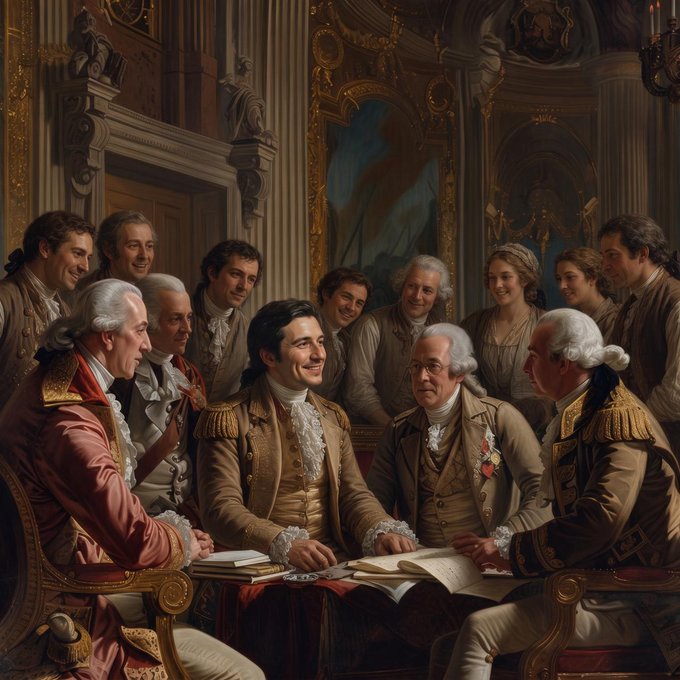 A classical painting depicting a group of 18th-century aristocrats and intellectuals gathered around a table with documents, symbolizing community and shared decision-making. The image reflects the post's message about $WIF's decentralized, community-driven ownership rather than centralized control by venture capitalists.