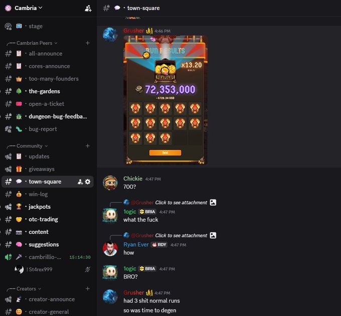 The image shows a screenshot of a chat window with multiple people engaged in conversation, possibly discussing strategies or sharing their experiences related to a video game called @playcambria. The chat appears to be taking place within a gaming community, as evidenced by the presence of emojis and other symbols commonly used for communication within such communities.