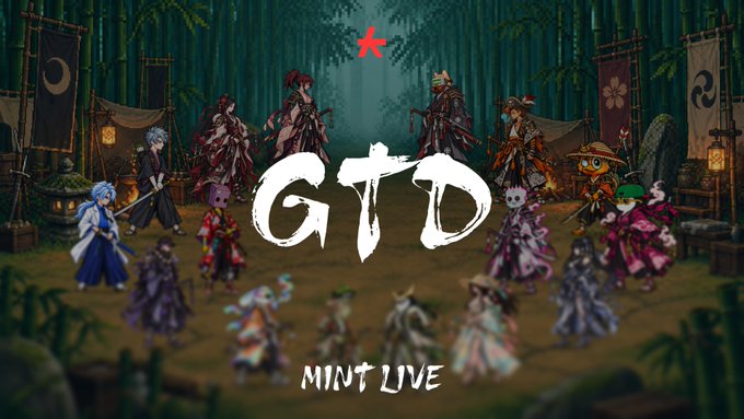 The image showcases a promotional graphic for the "GTD MINT LIVE" event, featuring a lineup of anime-style characters in a bamboo forest setting with Japanese-inspired banners, directly promoting the official mint launch mentioned in the post and directing viewers to mint on OpenSea via the collection "kre."