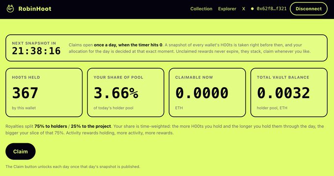A screenshot of the RobinHood wallet dashboard showing 367 HOOTs held, a 3.66% share of the holder pool, 0.0000 ETH claimable now, and a countdown of 21:38:16 until the next snapshot.