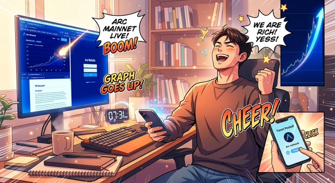 Anime-style illustration of a cheerful person at a computer setup with comic-book style text bubbles reading 'ARC MAINNET LIVE! BOOM!', 'WE ARE RICH! YESS!', 'GRAPH GOES UP!', and 'CHEER!', along with a phone showing 'Tweet Posted' and an 'Arc network' notification.
