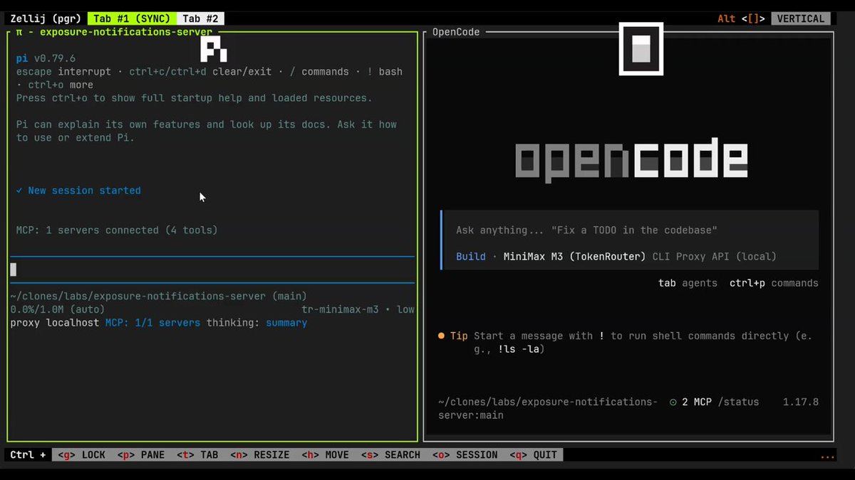 The image shows a computer screen with two open windows, one of which displays an "opencode" message. The other window has a "PIM vs Opencode pgr mcp by entireio Minimax M3 via tokenrouter". This suggests that someone is working on a programming project and using the "Opencode" tool to test their code against the "PIM vs Opencode pgr mcp by entireio Minimax M3 via tokenrouter" challenge.