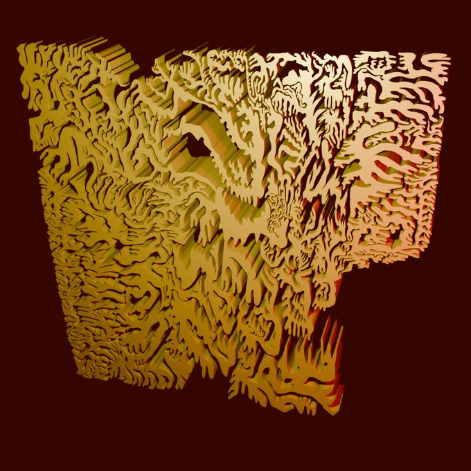 A digitally rendered, cube-like 3D sculpture featuring intricate, flame-like or coral-like golden textures floats against a dark maroon background, reflecting the ethereal, avant-garde nature of the Tezos NFT (KT1NbSM...) being showcased on objkt.com.