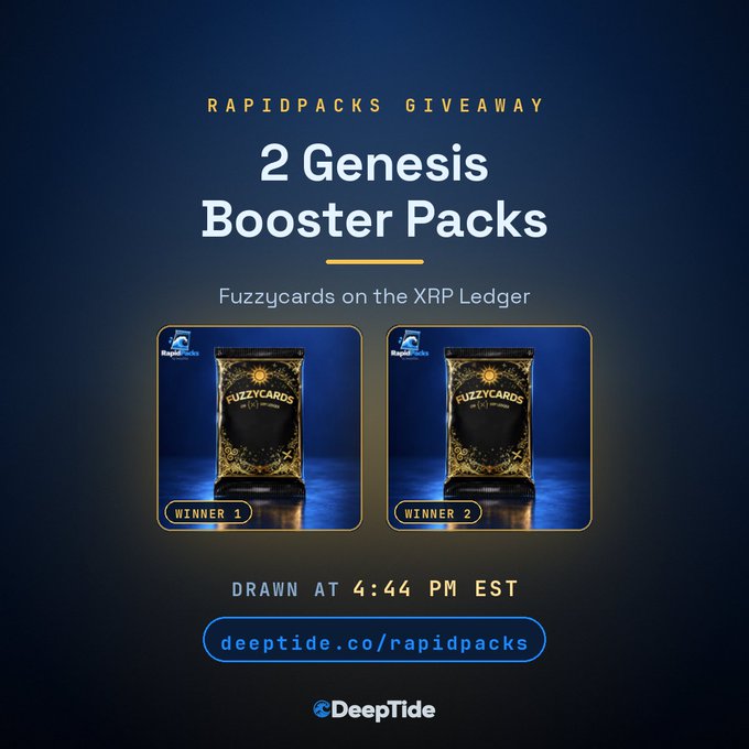 A promotional graphic for a 'RAPIDPACKS GIVEAWAY' featuring '2 Genesis Booster Packs' for 'Fuzzycards on the XRP Ledger', drawn at 4:44 PM EST via deeptide.co/rapidpacks.