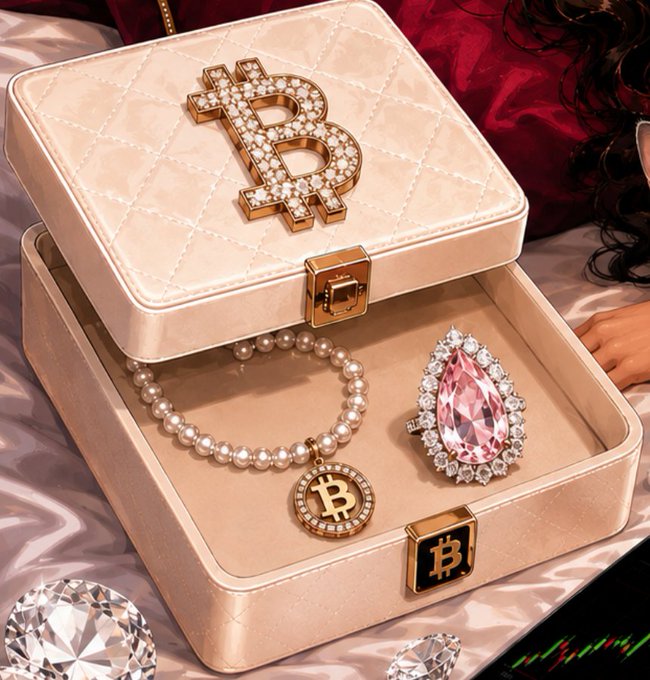 A cream-colored jewelry box with a diamond-encrusted Bitcoin symbol on the lid, containing a pearl necklace with a Bitcoin pendant and a large pink gemstone ring.
