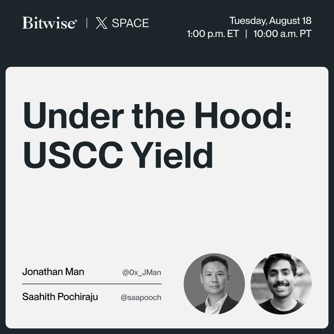 Bitwise and X Space present “Under the Hood: USCC Yield” on Tuesday, August 18, at 1:00 p.m. ET (10:00 a.m. PT). The session features Superstate’s Saahith Pochiraju (@saapooch) and Bitwise’s Jonathan Man (@0x_JMan), exploring where the USCC yield comes from and how the tokenized fund works.