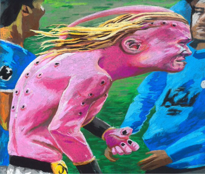 A colorful, expressionist-style painting depicting a pink-skinned figure with blonde hair being grabbed by players in blue jerseys, appearing to reference a controversial moment from a Premier League match.