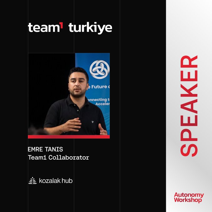 A promotional graphic featuring Team1 Türkiye branding, showcasing speaker Emre Tanis (Team1 Collaborator) from kozalak hub at an Autonomy Workshop event. The post announces an upcoming speaking engagement in Bursa about contributing to Web3 ecosystems in meaningful ways beyond content creation.