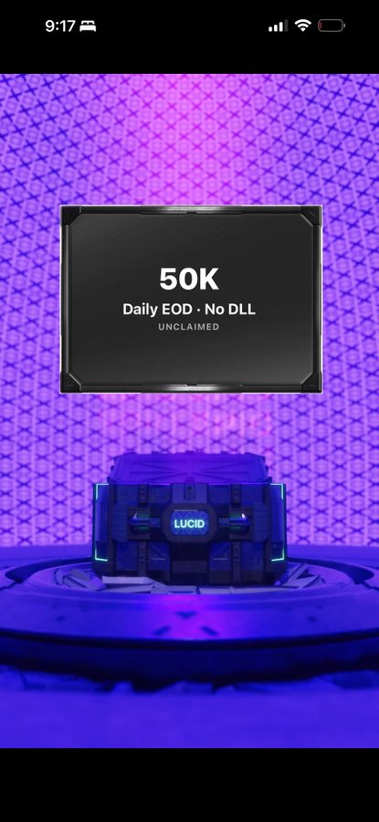 A mobile app screen showing '50K Daily EOD · No DLL UNCLAIMED' above a glowing futuristic 'LUCID' loot box in a purple sci-fi themed environment.