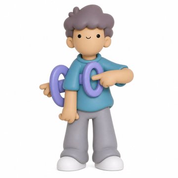 A 3D cartoon-style figurine of a character with gray hair wearing a teal hoodie and gray pants, holding and threading purple rings through their arms.