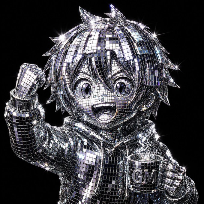 A glittery disco-ball-styled chibi character cheerfully holds up a fist while carrying a steaming mug labeled "GM," playing on the acronym "Good Morning" to match the cheerful greeting and weekend vibe of the post.