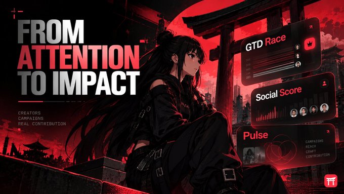 A stylized promotional graphic featuring an anime-style female character with the bold text 'FROM ATTENTION TO IMPACT' and sidebar panels labeled 'GTD Race,' 'Social Score,' and 'Pulse' showing metrics for creators, campaigns, and deals.