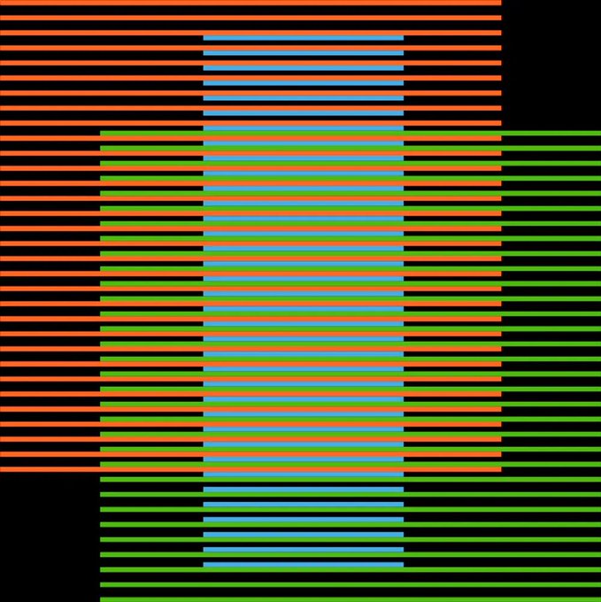 An abstract image featuring overlapping horizontal lines in red, green, and blue against a black background, creating a grid-like color test pattern.