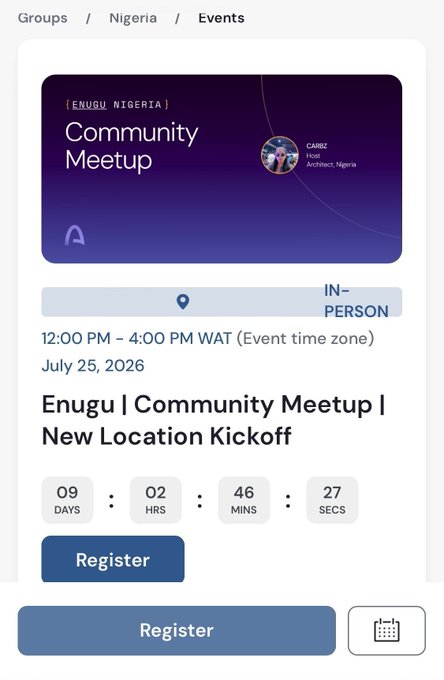 An event registration page for 'Enugu | Community Meetup | New Location Kickoff' in Nigeria on July 25, 2026, hosted at Cablz Hotel Architect, Nigeria, with a countdown timer and Register buttons.