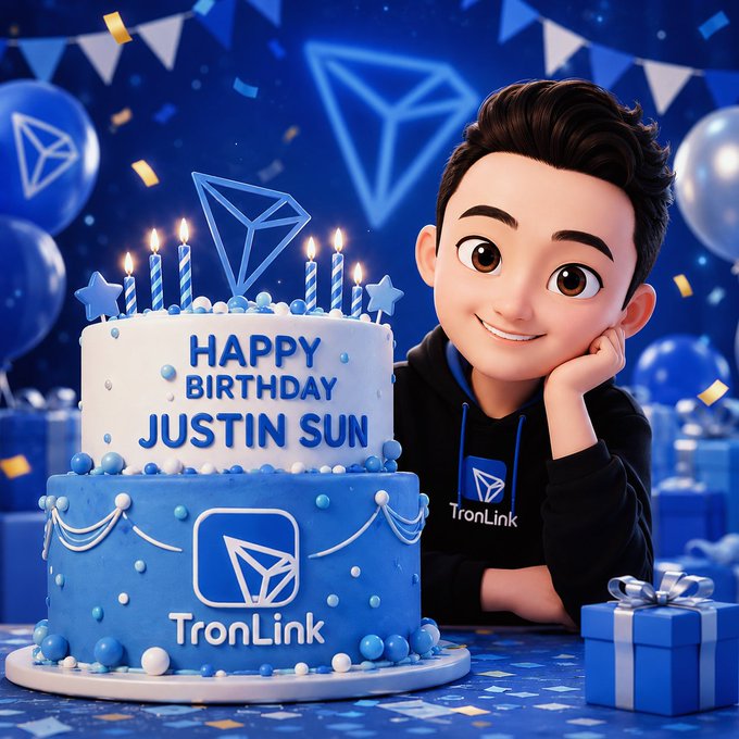 A 3D cartoon-style image showing a smiling young man next to a blue birthday cake reading 'HAPPY BIRTHDAY JUSTIN SUN' and the TronLink logo, decorated with candles, balloons, and gift boxes in a blue-themed celebration scene.