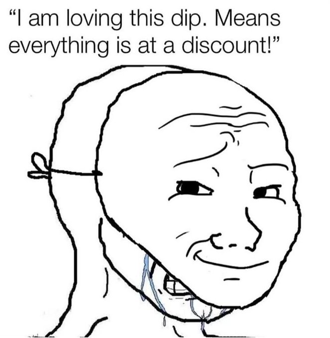 A crudely drawn "wojak" meme face wearing a surgical mask, with the caption: "I am loving this dip. Means everything is at a discount!"