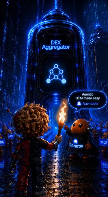 A child holding a torch stands alongside a "JANITOR" character in a neon-lit digital landscape, facing a glowing portal labeled "DEX Aggregator," while a speech bubble reads "Agentic GTM made easy - Agentopia." The image visualizes the post's theme of illuminating the hidden needs behind DEX aggregator development—highlighting that early traction, route testing, and slippage feedback matter more than rates or integrations—with the duo guiding the way as the first 100 agents of Agentopia.