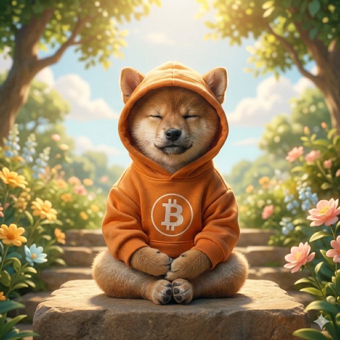 The image features a brown dog wearing an orange hoodie with the word "bitcoin" written on it, sitting on a rock or stone surface surrounded by flowers. The dog appears to be meditating or posing for a photo while wearing its hoodie.
