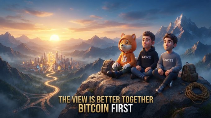 A digital illustration of three figures sitting on a mountain cliff overlooking a city with a Bitcoin symbol, with the text 'THE VIEW IS BETTER TOGETHER' and 'BITCOIN FIRST' displayed at the bottom.
