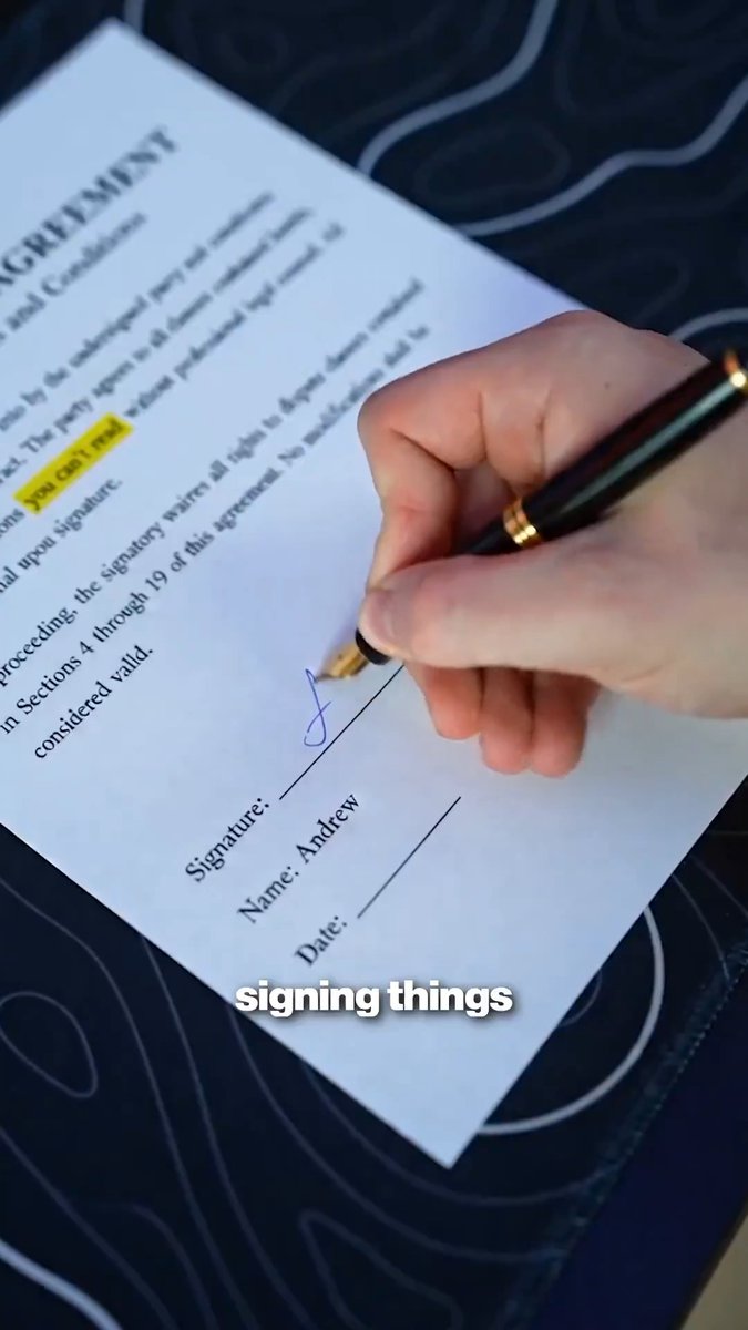 A hand signs an agreement labeled "Andrew" on the signature and date lines, with highlighted text reading "you can't read." The image ties to the post's message about transaction transparency—mirroring how blindly signing a document without reading it parallels the risk of approving an unclear crypto transaction, which the Ledger Nano Gen5 aims to prevent.