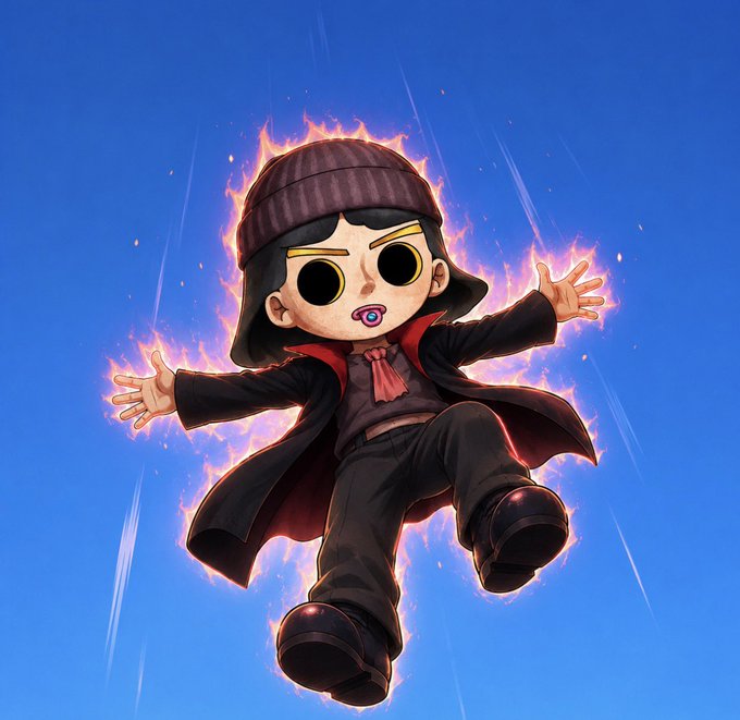A chibi-style illustration of a character in dark clothing surrounded by flames against a blue background.