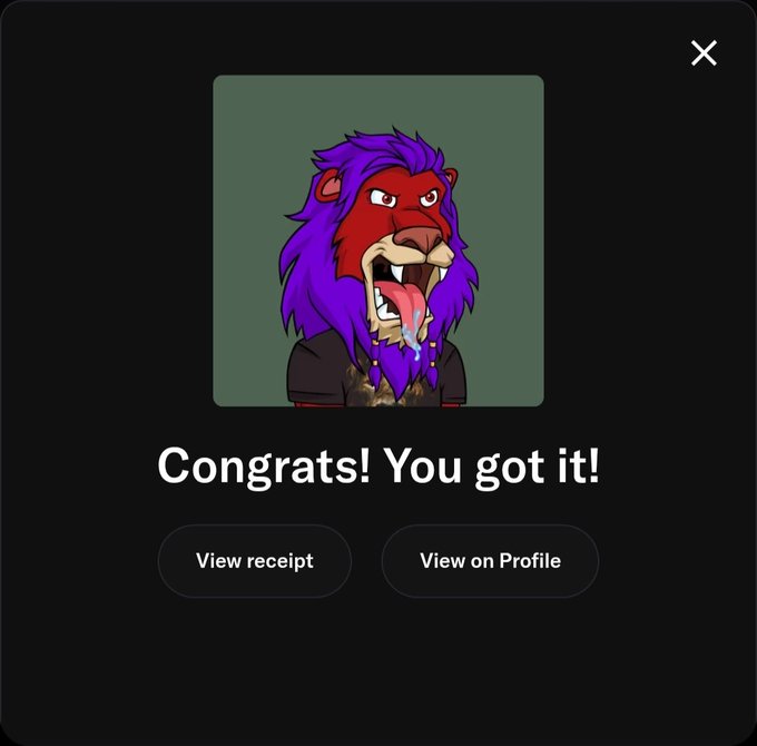 A 'Congrats! You got it!' screen showing a cartoon illustration of a red-faced creature with a purple mane wearing a leather outfit.