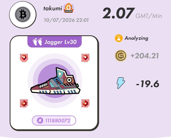 STEPN workout result for user takumi earning 2.07 GMT/Min with a purple Jogger Lv30 sneaker, status showing 'Analyzing' with +204.21 GMT pending.