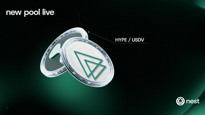 A sleek dark green promotional banner for Nest staking announcing 'new pool live' for HYPE/USDV, featuring two metallic 3D coin tokens with a triangular logo.