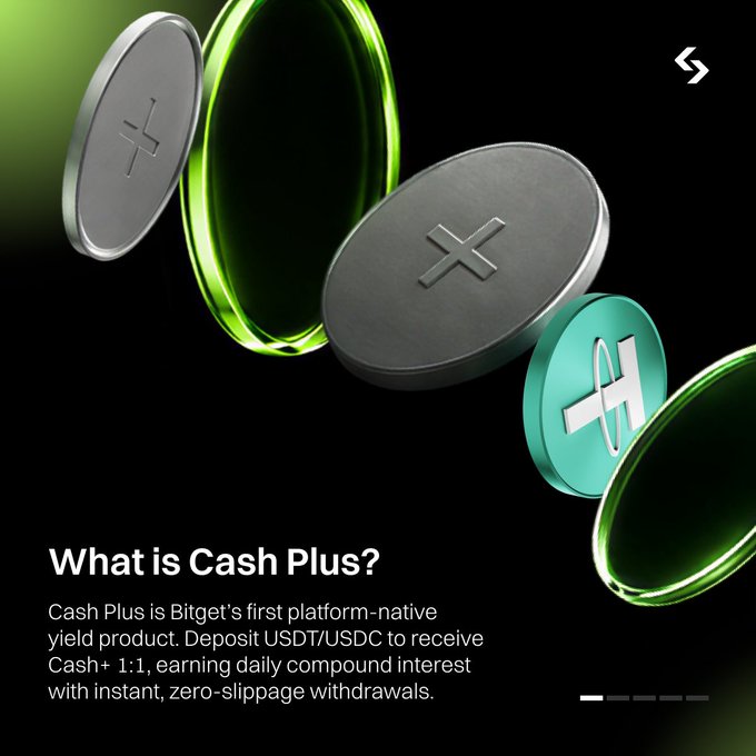 A promotional graphic for Bitget's 'Cash Plus' product, featuring stylized coin graphics and text explaining USDT/USDC deposits earn daily compound interest with 1:1 Cash+ returns.