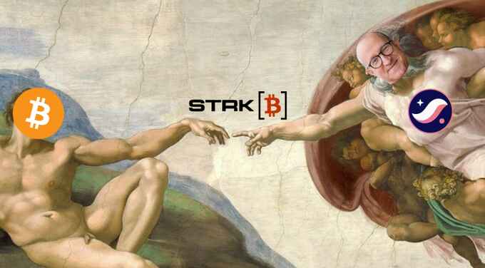 The image depicts "The Creation of Adam" with the Bitcoin logo replacing Adam's head and the Starknet logo replacing God's head, symbolizing the union of Bitcoin with the Starknet ecosystem through strkBTC. The text "STRK [B]" is prominently displayed, representing the strkBTC token.