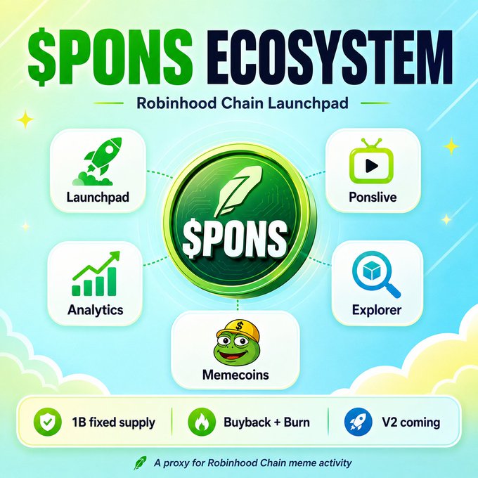 $PONS Ecosystem infographic on Robinhood Chain Launchpad featuring Launchpad, Ponslive, Analytics, Explorer, and Memecoins components, with 1B fixed supply, Buyback + Burn, and V2 coming.
