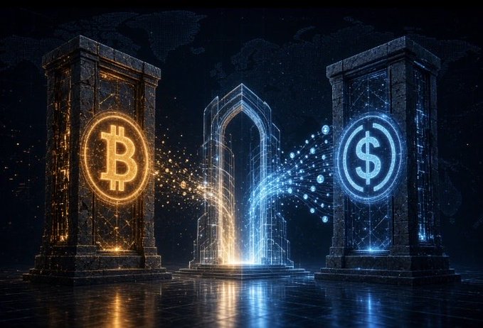 A digital illustration displays glowing Bitcoin and USDC symbols on ornate pillars, with a stream of golden particles flowing between them through a portal.