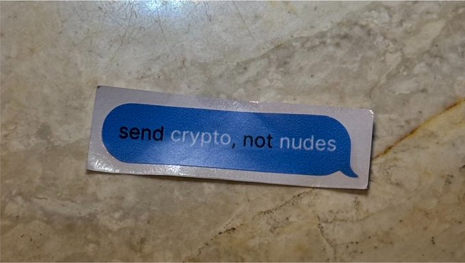 A sticker resembling a text message bubble reads "send crypto, not nudes," humorously connecting to the post about wanting stablecoins by playfully suggesting crypto as the preferred gift over explicit photos.