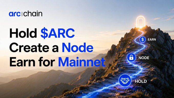 The image shows a mountain with a blue path leading up to it, surrounded by trees. Below the mountain, there are three blue circles representing different types of currency symbols: $, €, and £. The text "Hold $arc" is written in white at the bottom of the image.
