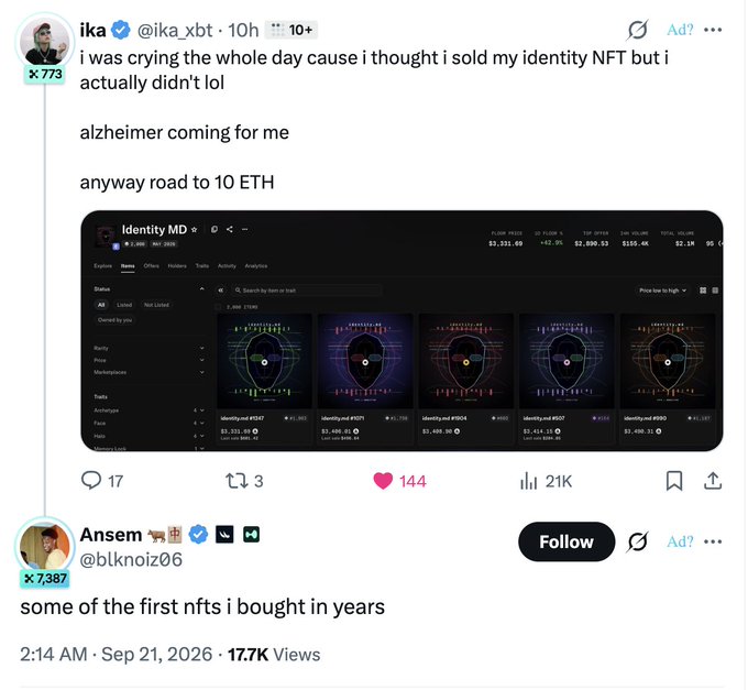 A screenshot of Twitter/X posts shows user @ika_xbt joking about crying all day thinking they sold their Identity NFT but actually didn't, with @blknoiz06 commenting 'some of the first nfts i bought in years' over an image of their Identity MD NFT collection.