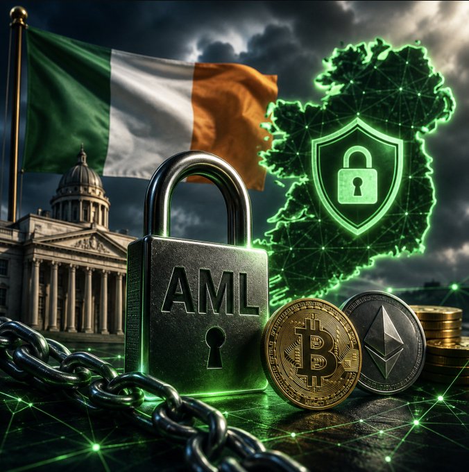 A large padlock marked "AML" sits beside Bitcoin and Ethereum coins, with a glowing green map of Ireland overlaid with a security shield and the Irish tricolor flag flying above a government building. The image visually reinforces Ireland's new anti-money laundering strategy, symbolizing tightened regulatory controls on cryptocurrency transactions through 2030.