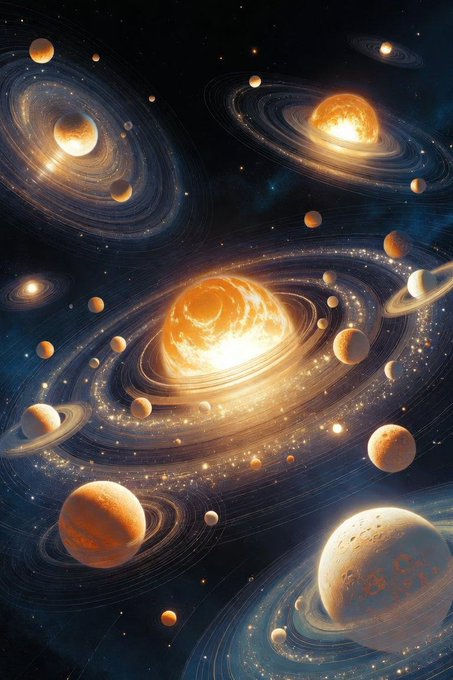 A vibrant digital artwork depicting a cosmic scene filled with multiple swirling galaxies, planets, and glowing stars in orange and blue hues.