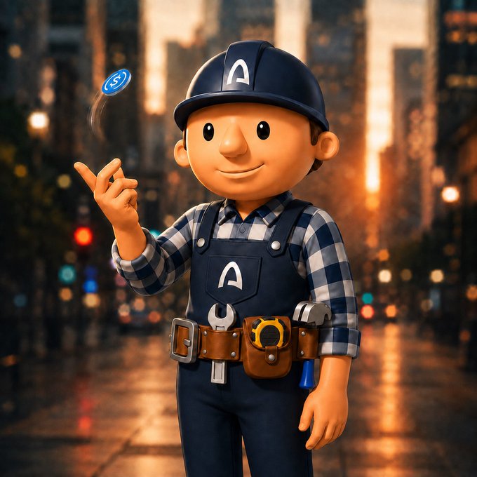 A 3D-rendered cartoon-style character wearing a blue cap and overalls with a tool belt stands in a city street, flicking a glowing coin.