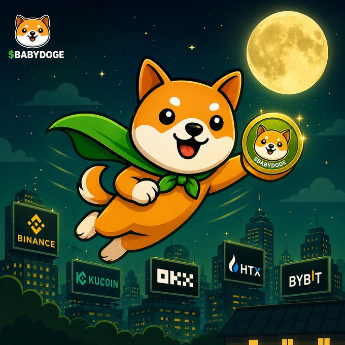 A cartoon Shiba Inu dog wearing a green superhero cape flies through a starry night sky with a full moon, holding up a "$BABYDOGE" coin, while logos for Binance, KuCoin, OKX, HTX, and ByBit are displayed on buildings in the cityscape below — illustrating $BABYDOGE's availability across major cryptocurrency exchanges.
