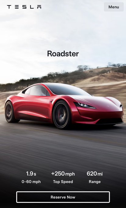 A red Tesla Roadster is showcased on the company's website, highlighting its impressive specs: 1.9-second 0-60 mph acceleration, +250 mph top speed, and 620-mile range, with a "Reserve Now" button prominently displayed—likely the $50,000 reservation referenced in the post.