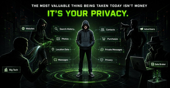 Graphic with text 'THE MOST VALUABLE THING BEING TAKEN TODAY ISN'T MONEY - IT'S YOUR PRIVACY' depicting hooded hackers and figures stealing user data like websites, search history, contacts, photos, purchases, and location data.