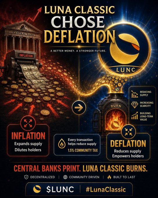 An infographic for 'LUNA CLASSIC' cryptocurrency comparing 'INFLATION' (expands supply, dilutes holders) with 'DEFLATION' (reduces supply, empowers holders), featuring the LUNC token and $LUNC ticker.