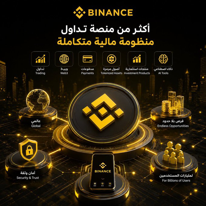 A promotional infographic featuring the Binance logo and Arabic text highlighting their comprehensive financial ecosystem, showcasing six service categories (Trading, Web3, Payments, Tokenized Assets, Investment Products, and AI Tools) surrounding a central golden token medallion with supporting pillars representing Global reach, Endless Opportunities, Security & Trust, and service for Billions of Users. The visual reinforces the post's message of Binance evolving into an integrated digital financial platform beyond just cryptocurrency trading.