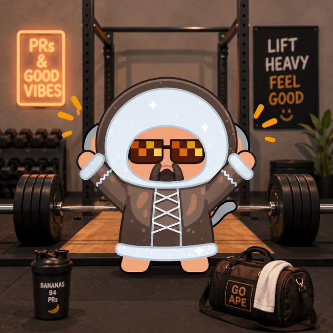 A cartoon Bored Ape-style NFT character wearing sunglasses flexes in a gym setting with neon signs reading 'PRs & GOOD VIBES' and 'LIFT HEAVY FEEL GOOD', a 'BANANAS B4 PRs' shaker, and a 'GO APE' gym bag.