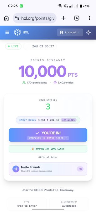 Screenshot of the Hashgraph Online (HOL) Points Giveaway page showing a 10,000 PTS prize pool with 1,701 participants and 3,402 entries, where the user has 3 entries including an early bonus multiplier of x3. The "YOU'RE IN! GOOD LUCK!" confirmation message and "Invite Friends" option (+5 bonus entries) illustrate the referral promotion described in the post.