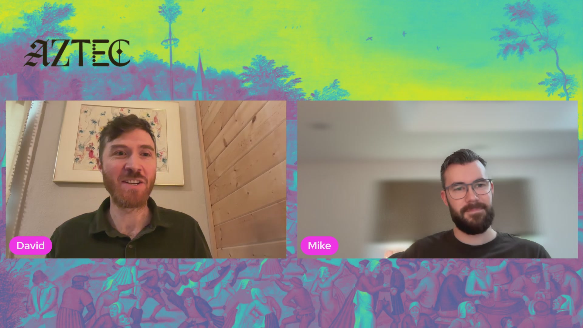 The image shows two men sitting next to each other, both wearing glasses, with a screen behind them displaying a video call between the two individuals. The background of the image features a colorful and vibrant design that includes palm trees and a sunset. The caption for the image reads "Our Privacy Session with @mike_connor is live now! Tune in to hear more about the Aztec Alpha network and privacy features requested by Ethereum developers that are live on Aztec."