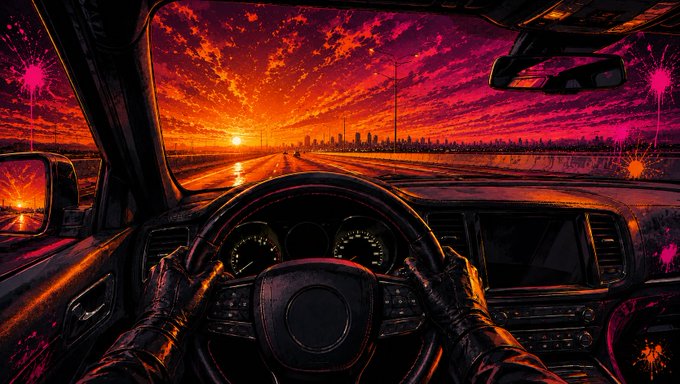 Stylized first-person view from inside a car driving toward a neon-red sunset city skyline, with paint splatter accents.