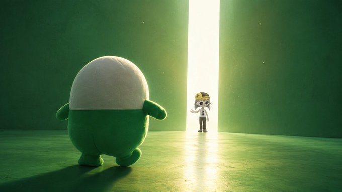 A round, green-and-white mascot stands in a green-lit room facing a small character in the bright doorway, reflecting speculation that $CUPSEY may become Pump.fun’s official mascot after its market cap reaches $100M.